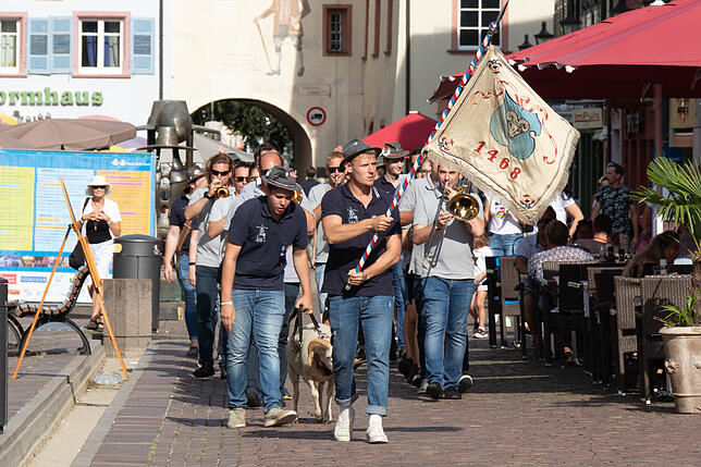 Große Begleitung: Gemeinsam mit den Junggesellen und der Bockmusik schreitete der Chilbibock durch die Kaiserstraße zur Bocktaufe vor ...