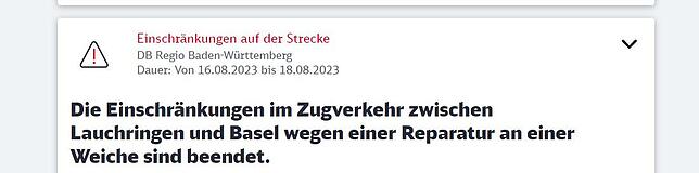Entwarnung für die Hochrheinstrecke auf der Internetsite der Bahn (Screenshot 18. August 2023, 7 Uhr).