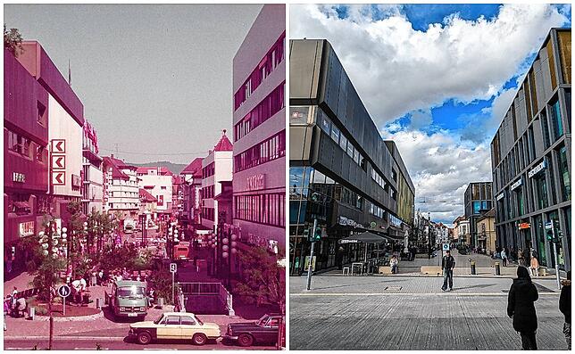 Deutlich weniger grün als vor 40 Jahren (links), dafür mit weniger Lieferverkehr präsentiert sich die August-Ruf-Straße heute (rechts).