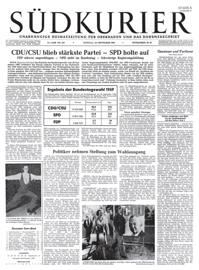 SÜDKURIER-Titelseite von Montag, 29. September 1969.