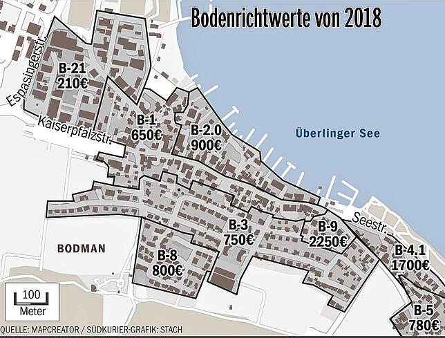 Die Karte von 2018 zeigt, wie sich Bodenrichtwerte in Bodman-Ludwigshafen verändert haben. Auch die Zonen haben sich verändert.