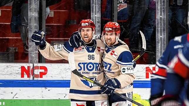 Torjubel bei den Spink-Zwillingen. Tyson (links) und Tylor Spink spielen seit 2020 für die Wild Wings.