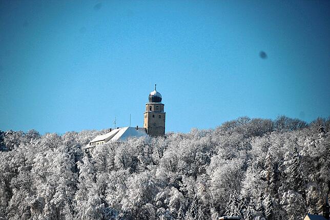 Das Schloss Hohenlupfen in Stühlingen trägt, genauso wie der umgebende Wald, ein weißes Winterkleid.