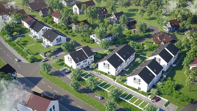 Die Ansicht des neuen Wohnquartiers &bdquo;Panoramastadt am Bodensee&ldquo; im Leimbach von Süden ausgesehen, vorne die B&nbsp;33.