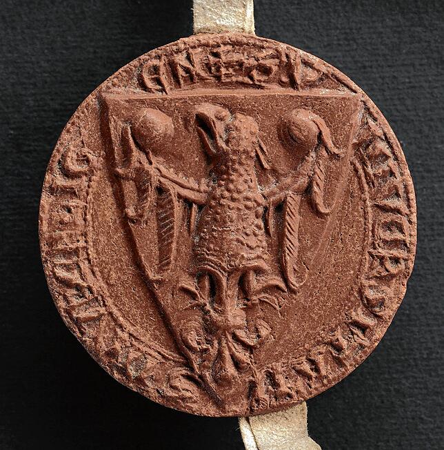 Das erste große Stadtsiegel von 1251 zeigt den Reichsadler. Es wird im Generallandesarchiv in Karlsruhe aufbewahrt. Das Bild gehört ...