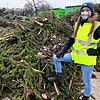 Lara-Sophie Betz aus Waldshut vor den abgegebenen Christbäumen auf dem Recyclinghof Küssaberg. Die Schülerin arbeitet dort in der Regel ...