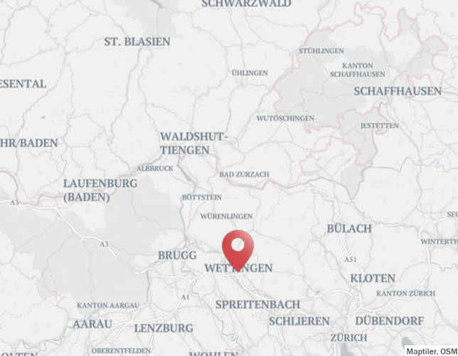 Wettiingen im Kanton Aargau ist etwa 25 Autominuten von der Grenze zu Deutschland entfernt.