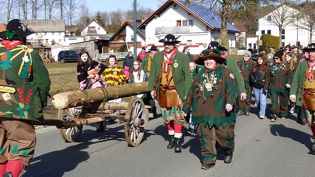 Die Holzhauderezunft Denkingen stellte ihren Narrenbaum, der 32 Meter hoch ist. An der Spitze marschierte Zunftmeisterin Sonja Vogler.