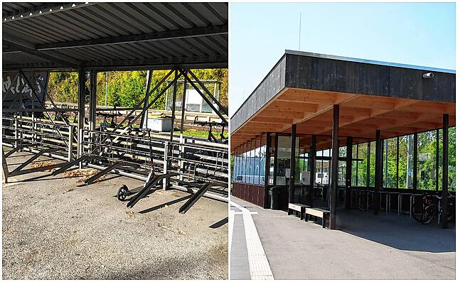 Nicht gerade einladend wirkte der blecherne Radunterstand (linkes Bild) am Bahnhof für Besitzer wertvoller Zweiräder. Ein Ersatz musste ...