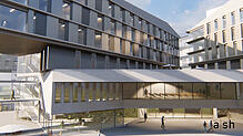 Der Blick zum Haupteingang des Zentralklinikums. Bild: A|sh Architekten