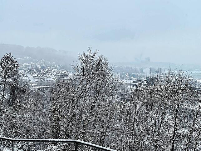 Blick von der Oberen Haspelstraße auf die leicht verschneite Waldshuter Innenstadt. Hinter den Bäume ist das Waldshuter Krankenhaus zu ...