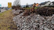 Auf dem schmalen Grundstück zwischen L151 (links) und Bahnlinie rechts hat die Deutsche Bahn Steinhaufen und Totholz als ...