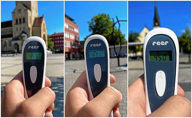 Sommerhitze in Singen: Das Thermometer zeigt Ende August dieses Jahres Bodentemperaturen auf dem (von links) Herz-Jesu Platz, ...