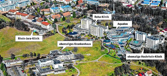 Blick auf das Bad Säckinger Kurgebiet. Die Rehaklinik ist die letzte Kurklinik aus der ursprünglichen Keimzelle des Bad Säckinger ...