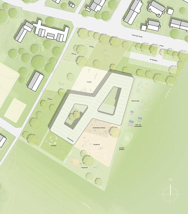 Zwei Innenhöfe befinden sich im Plan für die neue Schule, die von oben betrachtet wie eine schräg gestellte Acht aussieht.