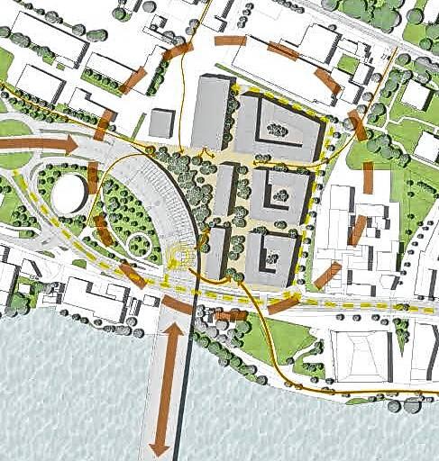Das ist der Plan: Parallel zur Schänzlebrücke sollen Gesundheitszentrum und Hostel entstehen, rechts davon sollen drei große Komplexe ...