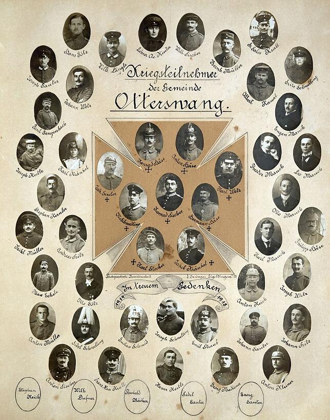 Eine Bildtafel mit Teilnehmern und Gefallenen des Ersten Weltkrieges aus Otterswang. Unter dem Motto „Schätze des Gemeindearchivs ...