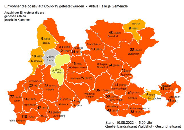 Am 10. August 2022 gibt es im Landkreis Waldshut 995 aktive Corona-Fälle.
