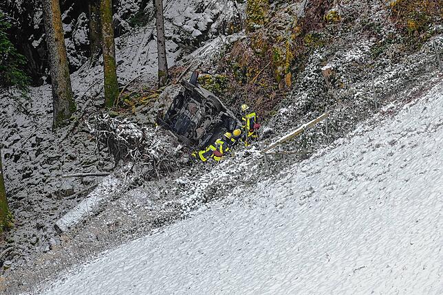 Der Kleintransporter, ein VW Bus, wurde von der Wurzel eines umgekippten Baums abgebremst.
