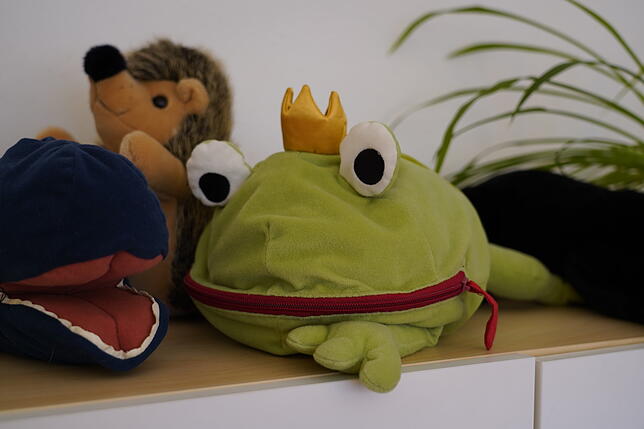 Kuscheltiere liegen auf einem Regal im Beratungszimmer: Die Kinder, die hierher kommen, sollen sich wohlfühlen.