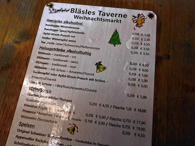 Preistafel bei Bläsles Taverne in der Nähe des Konzils.