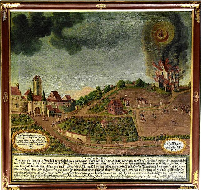 Das Schwedenbild der Kapelle Maria Schray mit der lichterloh brennenden Kapelle Maria Schray. In der Rauchwolke über der Kapelle steht ...