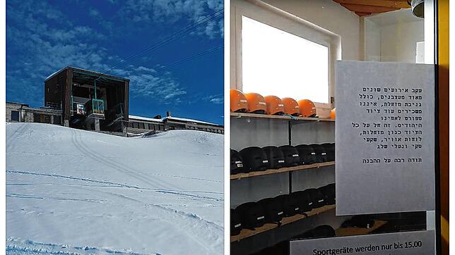 Links die Bergstation Pischa in Davos, rechts der Aushang des Verleihs.