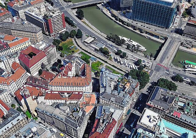 Die Satellitenaufnahme zeigt den 1. Wiener Gemeindebezirk Innere Stadt sowie die Lage des Stadttempels, der Hauptsynagoge von Wien.