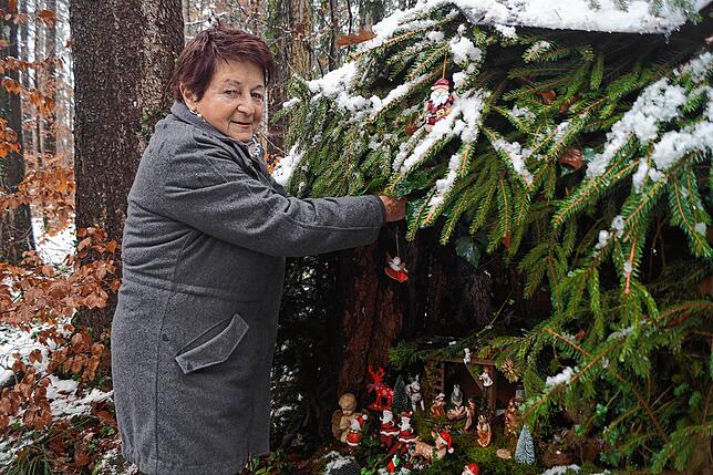 Irmgard Schmid-Lofi hängt noch einen neuen Engel ins Krippele im Wald bei Dettingen.