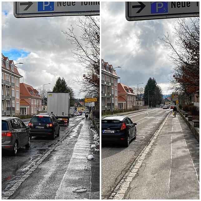Die Verkehrslage morgens in der Kirnacher Straße: links am 7. Januar, rechts am 27. März. Die Verbesserung ist deutlich zu sehen. Aber ...