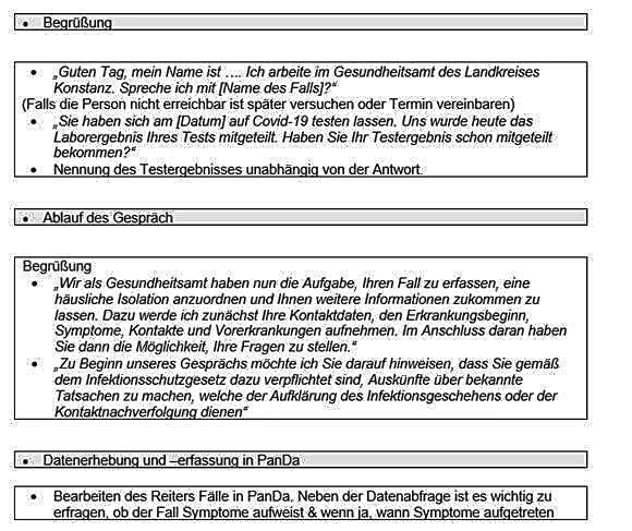 Ein Ausschnitt aus dem über 50 Seiten starken Leitfaden für Mitarbeiter in der Kontaktverfolgung beim Gesundheitsamt Konstanz