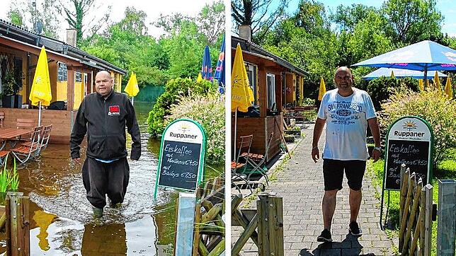 Am Freitag stand der &bdquo;Treffpunkt mit Herz&ldquo; noch unter Wasser (links). Nach dem Wochenende ist Mäx Kessler wieder nach Lachen ...