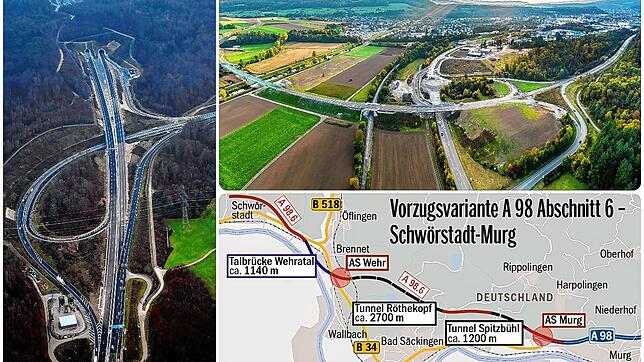 A98-Teilstück bei Rheinfelden (links), die Ortsumfahrung Oberlauchringen (rechts oben) und der Plan für den A98-Abschnitt 6.