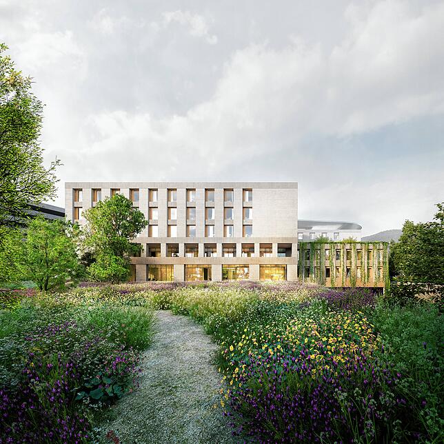 So ähnlich könnte das Zentralklinikum des Landkreises Waldshut im geplanten Gesundheitspark Hochrhein aussehen. Die Visualisierung zeigt ...