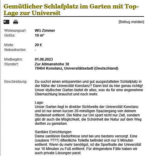 Bild 1: Schlechter Scherz oder echtes Angebot? Studenten sollen campen