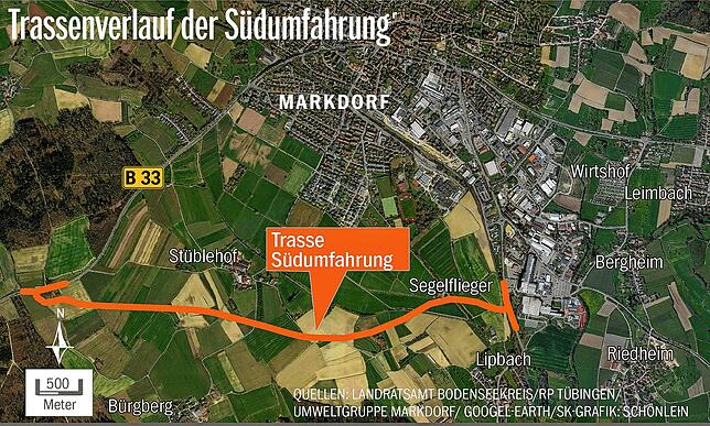 Rund drei Kilometer lang ist die geplante Trasse der Südumfahrung, die die L 207 südlich von Markdorf mit der B 33 im Westen ...