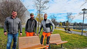 Die Renovierung der Bänke am See liegt in den Händen von Ralf Wiedemann, Nikolas Ehrenbach und Andreas Wrzeszcz (von links). Foto: ...
