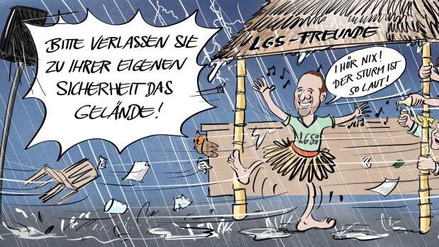 Sturmsicher: Der Stand der LGS-Freunde beim Promenadenfest 2017. Karikatur: Stefan Roth