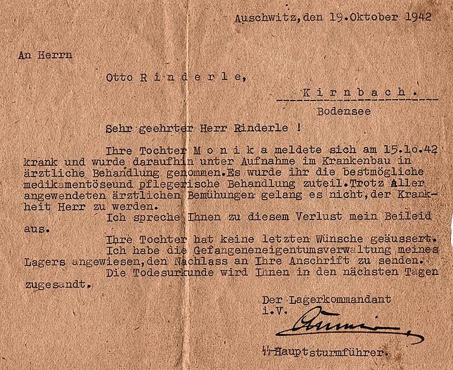 Ein zynischer Brief aus dem KZ Auschwitz an die Eltern von Monika Rinderle. Sie wurde aus Rassenhass deportiert.