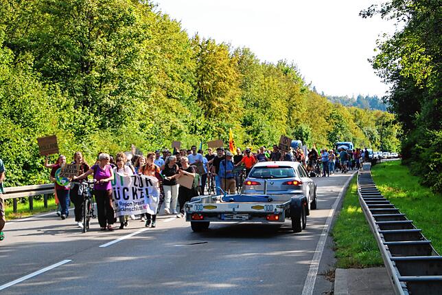 Insgesamt verläuft die Demo ruhig und ohne Probleme. Vereinzelt zeigen Autofahrer Unmut und hupen den Protestierenden entgegen.