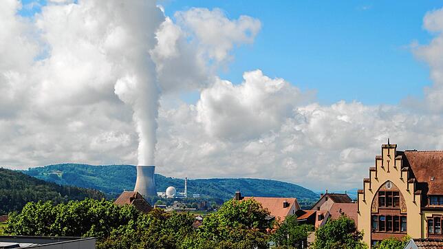 Blick auf den Kühlturm mit Dampffahne und die Reaktorkuppel des Schweizer Kernkraftwerks Leibstadt vom Kornhaus in Waldshut ...