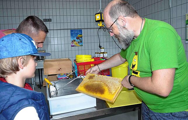 2018: Werner Faulhaber (rechts) zeigt Lukas und Christian Knoche, im Schleuderraum des Imkervereins, wie seine Bienen ihren Honig mit ...