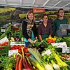 Der Stand des Hofguts Breitwiesen auf dem Waldshuter Wochenmarkt: Jasmine Straußinsky (von links), Lotte Fröhlich und Jonas Hellstern ...