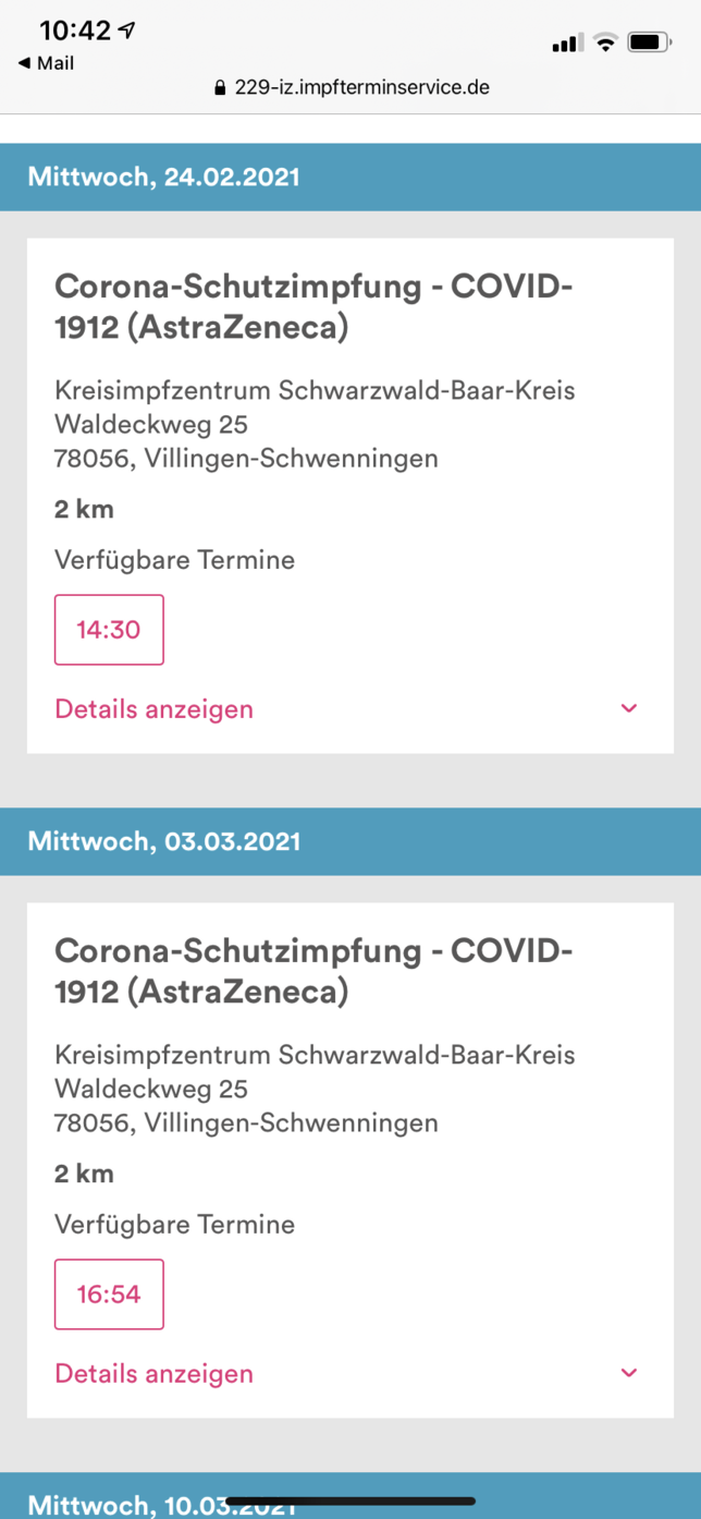 Diese Impftermine für Astrazeneca-Präparate waren am Freitag lange verfügbar. (Screenshot)