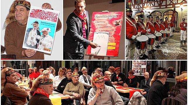 Lothar Rapp präsentiert das Titelbild des diesjährigen Kappedeschle, seine letzte Ausgabe, wie er ankündigt (oben von links), OB Simon ...