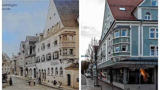Donaueschingen, wie hast Du Dich verändert: Das linke Bild zeigt eine historische Postkarte von Donaueschingens Karlstraße unmittelbar ...
