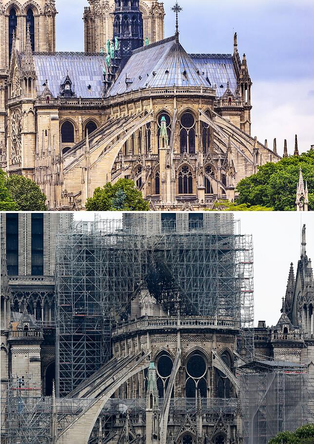 Oben: Der östliche Teil des Kirchenschiffs vor dem Großbrand. Unten: Große Teile des Gerüsts und der komplette Dachstuhl sind durch den ...