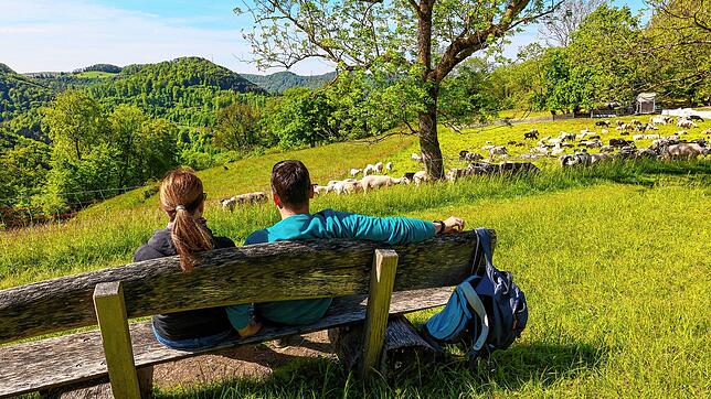 Zwei Wanderer machen auf einer Bank auf der Schwäbischen Alb eine Pause.