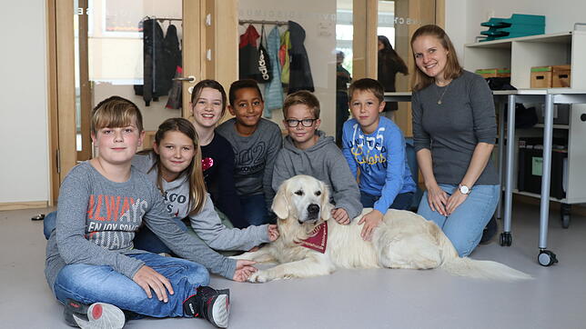 Alle lieben Henri: Der Schulhund von Schulsozialarbeiterin Johanna Heinz (rechts) begeistert die Schüler der Peter-Thumb-Schule in ...