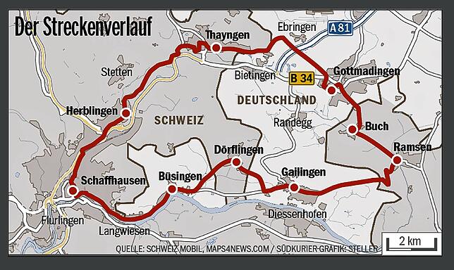 Der Rundkurs führt über Thayngen und Gottmadingen entlang des Rheins zurück nach Schaffhausen.